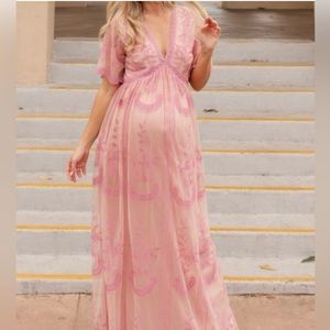 COPY - PinkBlush Lace Mesh Overlay Maternity Maxi Dress